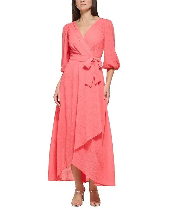 Women's Balloon-Sleeve Faux-Wrap Midi Dress