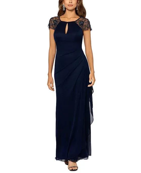 Women's Beaded Cap-Sleeve Ruched Gown