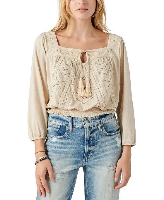 Women's Beaded Embroidered Peasant Top