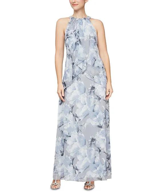 Women's Beaded Halter Floral Chiffon Overlay Gown