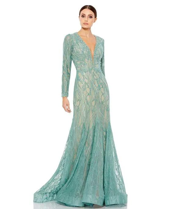 Women's Beaded Illusion Long Sleeve Plunge Neck Gown