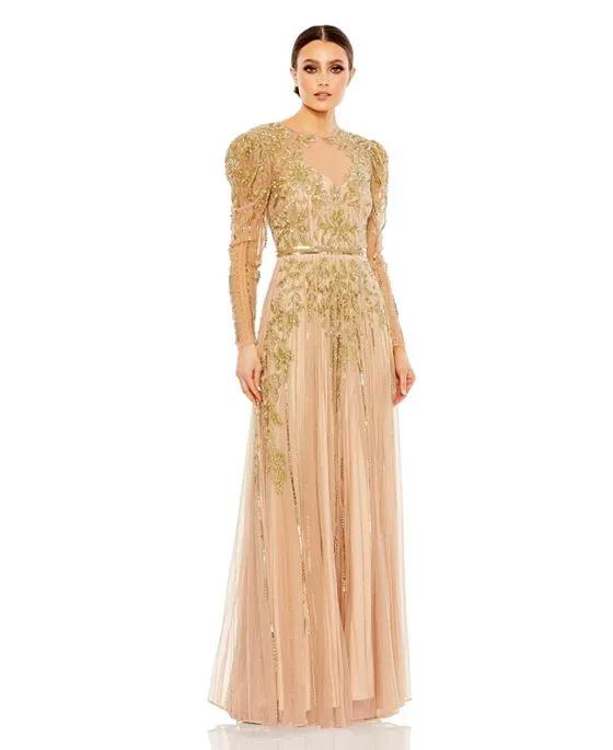 Women's Beaded Illusion Puff Sleeve Gown