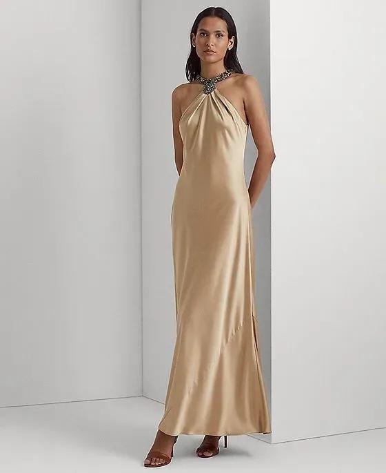 Women's Beaded Satin Charmeuse Halter Gown