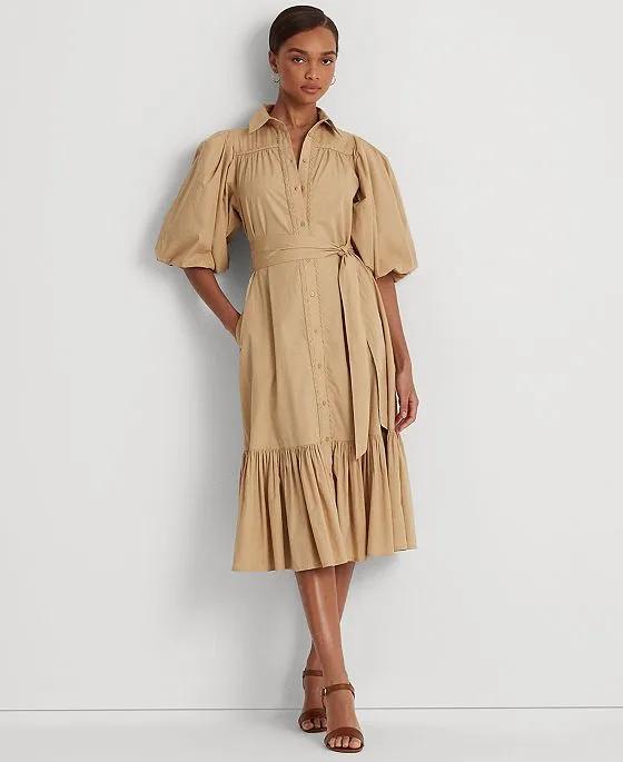 Women's Belted Broadcloth Bubble-Sleeve Shirtdress