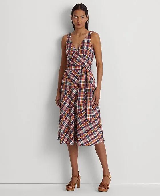 Women's Belted Cotton Madras Sleeveless Dress