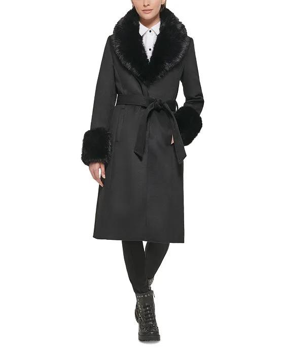 Women's Belted Faux-Fur-Collar Coat