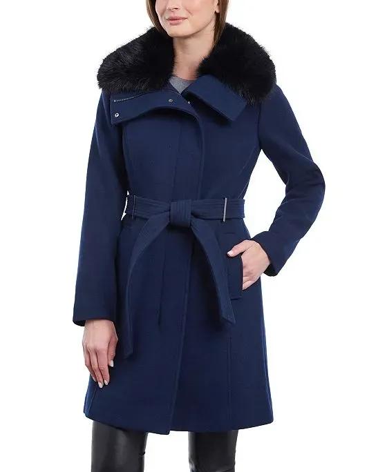 Women's Belted Faux-Fur-Collar Coat