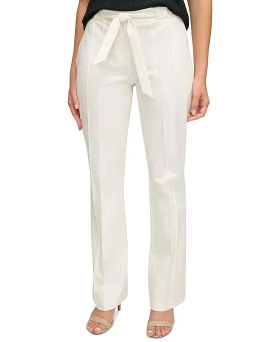 Women's Belted Seamed Slim Straight Trousers