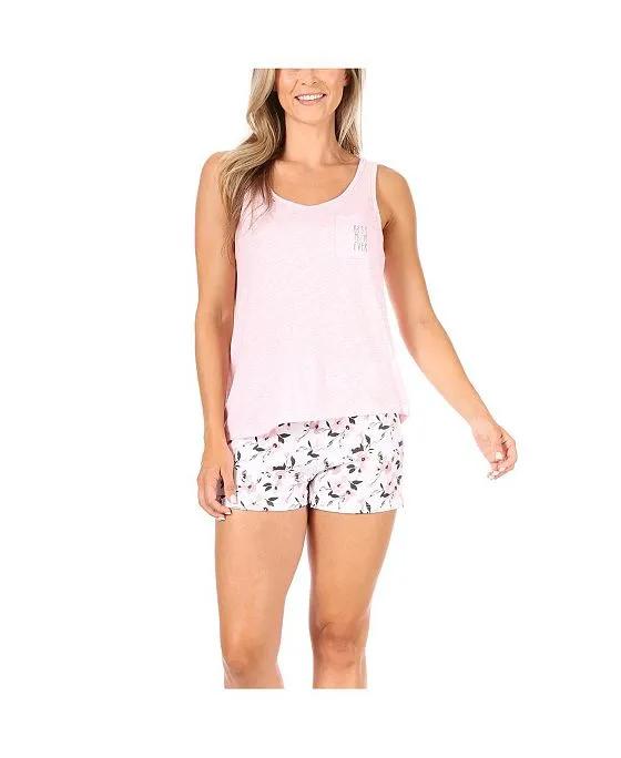 Women's "Best Mom Ever" Embroidered Pocket Tank and Shorts  2 Piece Pajama Set