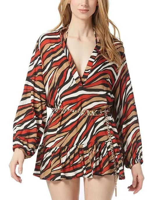 Women's Blouson-Sleeve Belted Tunic Swim Cover-Up