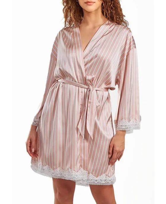 Women's Brillow Satin Striped Robe with Self Tie Sash and Trimmed in Lace