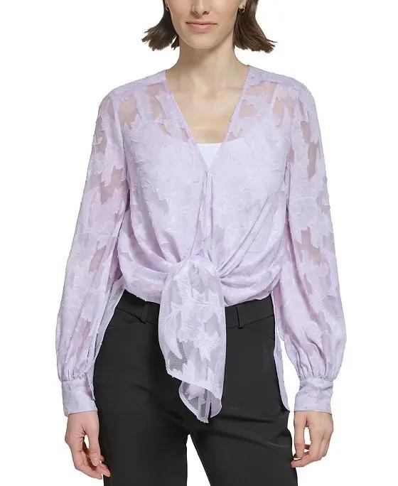 Women's Burnout Floral Print Tie-Front Blouson Top