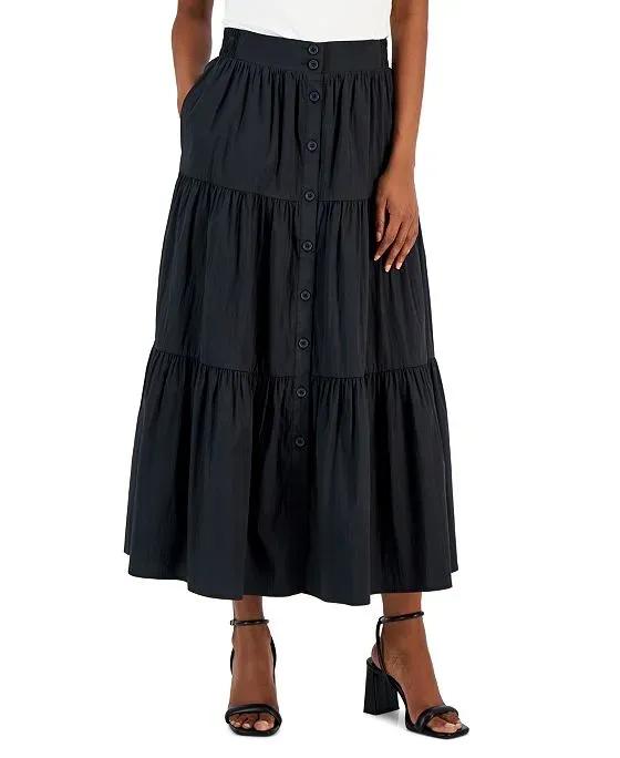 Women's Button-Front Pull-on Tiered Maxi Skirt
