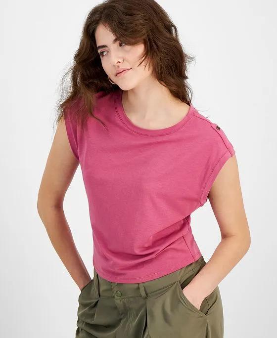Women's Button-Shoulder Crewneck Tee, Created for Macy's