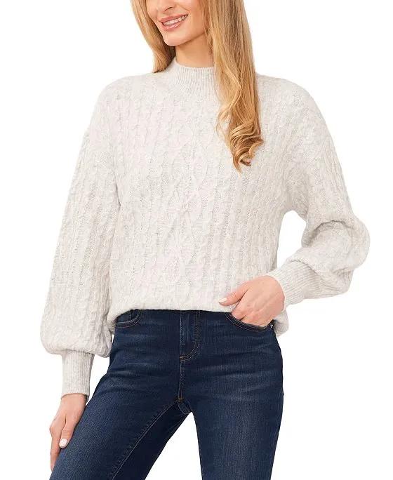 Women's Cable-Knit Mock Neck Bishop-Sleeve Sweater