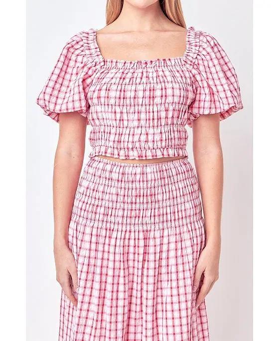 Women's Check Smocked Puff Sleeves Top
