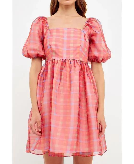 Women's Checker Puff Mini Dress