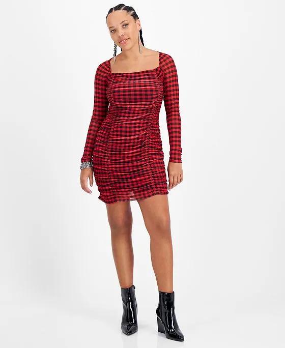 Women's Checkered Square-Neck Mesh-Overlay Ruched Mini Dress, Created for Macy's