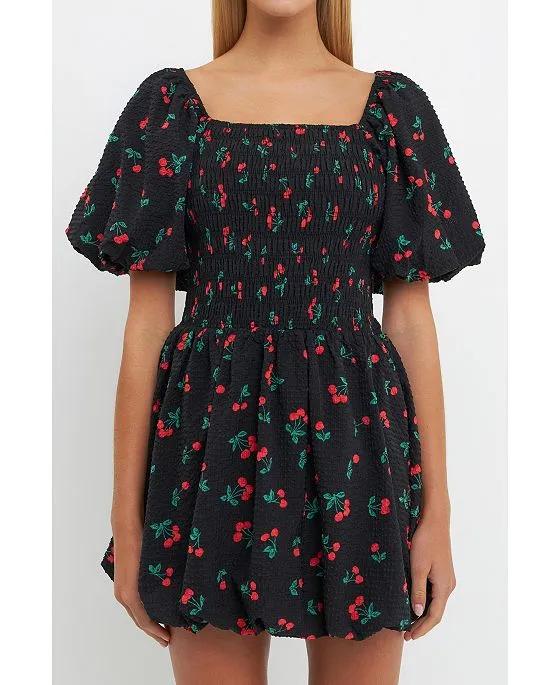 Women's Cherry Print Smocked Mini Dress