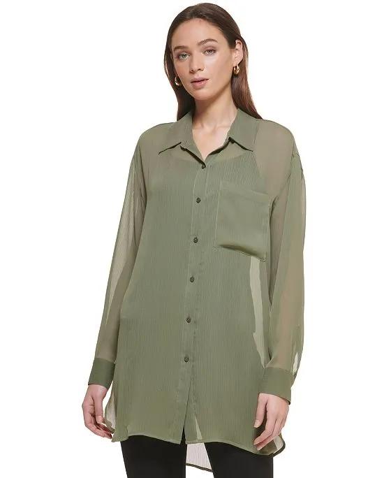 Women's Chiffon Button-Front Long-Sleeve Blouse