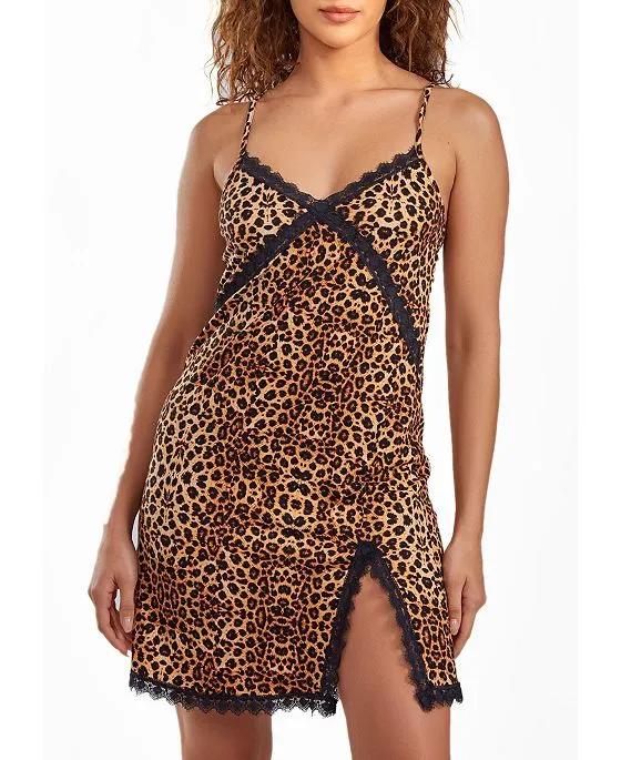 Women's Chiya Leopard Chemise with Lace Trim and Front Lace Slit