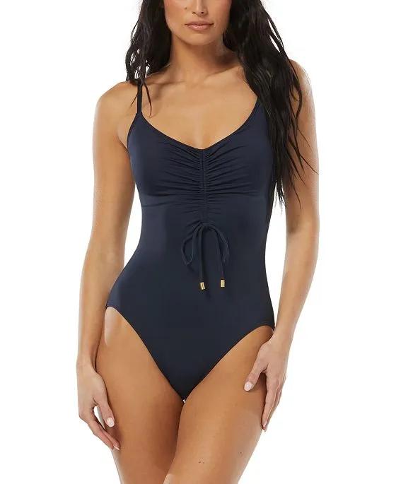 Women's Cinched-Front V-Neck One-Piece Swimsuit
