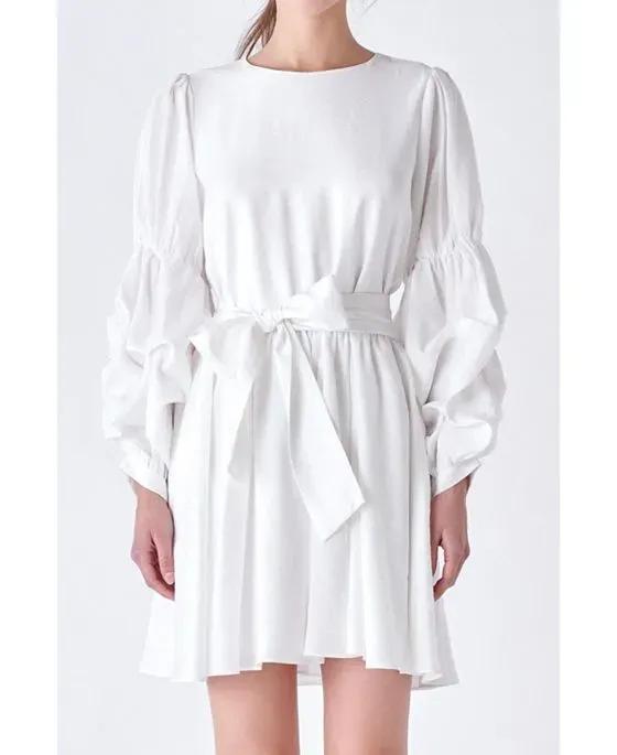 Women's Cinched Puff Sleeve Belted Dress