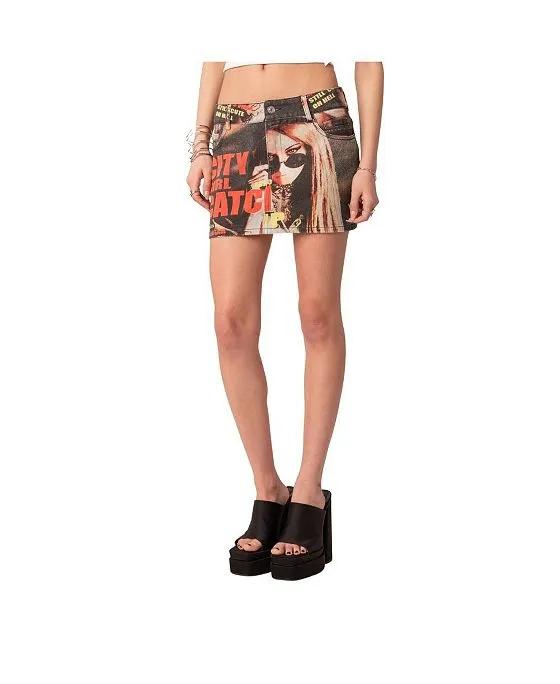 Women's City Girl Print Denim Low Waist Mini Skirt