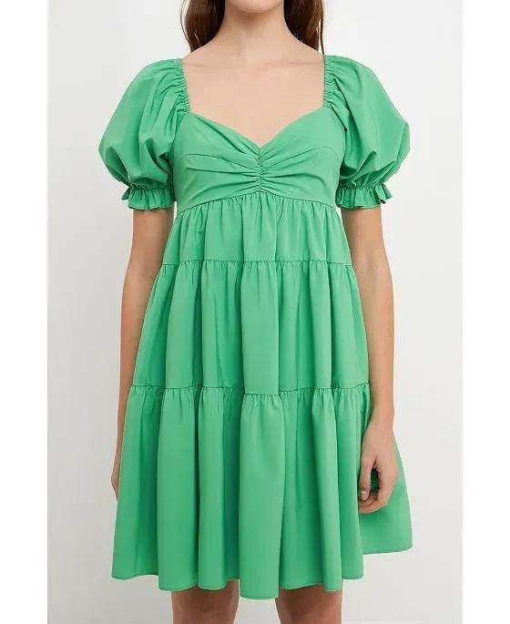 Women's Classic Sweetheart Tiered Mini with Puff Sleeves Dress