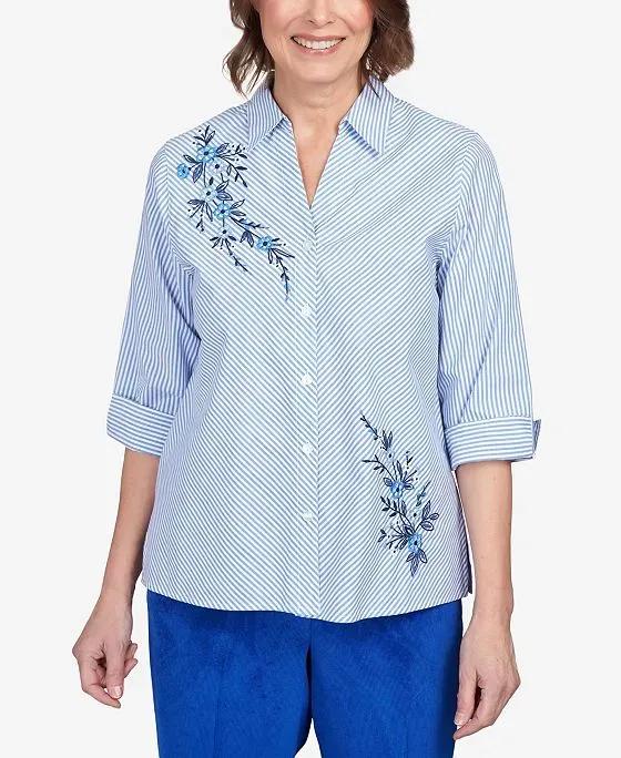 Women's Classics Embroidered Mitered Stripe Button Down Top