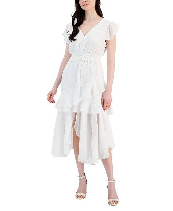 Women's Clip Dot Asymmetrical Hem Smocked-Waist Dress