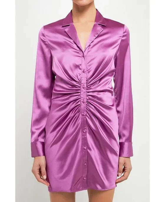 Women's Collared Satin Cinched Dress