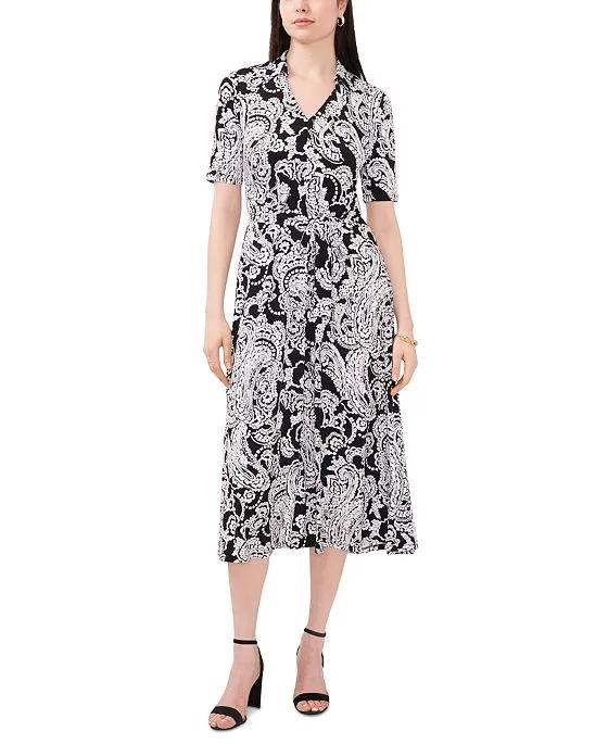 Women's Collared V-Neck Belted Paisley Midi Dress