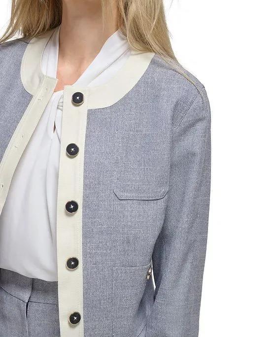 Women's Collarless Contrast-Trim Button-Front Blazer