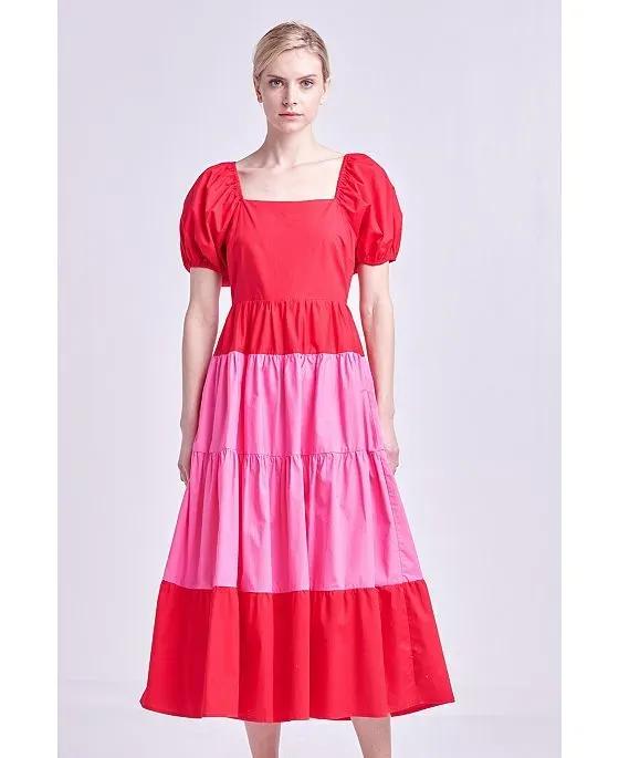 Women's Color Block Puff Sleeve Maxi Dress