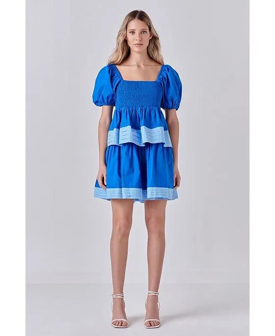 Women's Color block Smocked Tiered Mini Dress