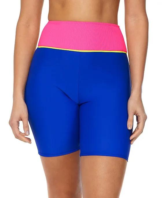 Women's Colorblock Contrast-Trim High-Waist Swim Shorts