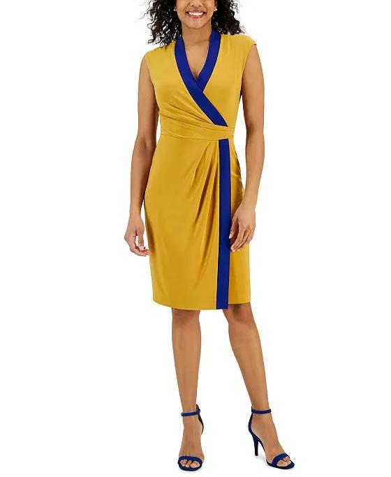 Women's Colorblocked Cap-Sleeve Faux-Wrap Dress