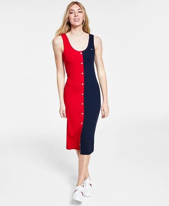 Women's Colorblocked Faux-Button Midi Dress