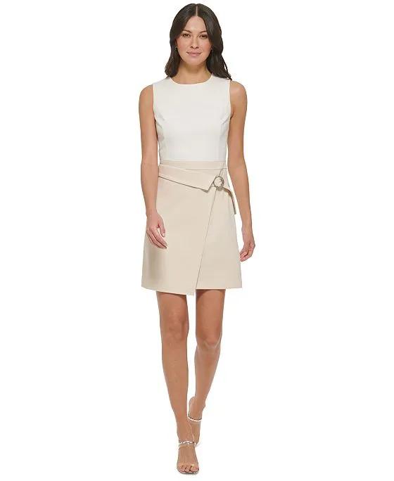Women's Colorblocked Faux-Wrap Fit & Flare Dress