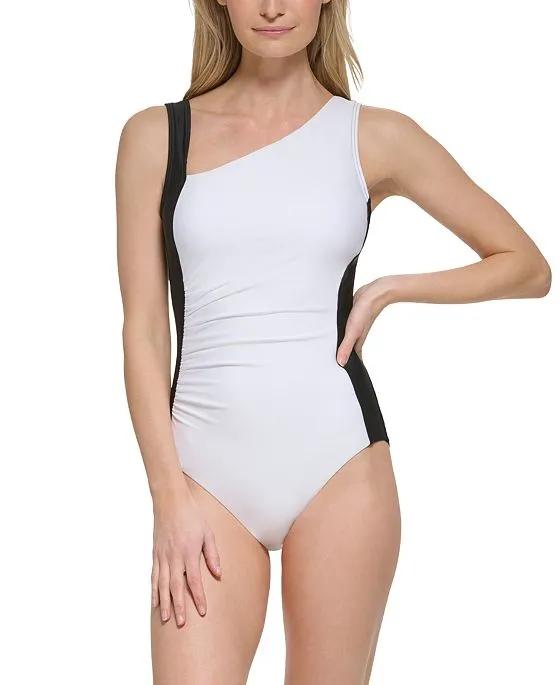 Women's Colorblocked High-Neck Shirred One-Piece Swimsuit