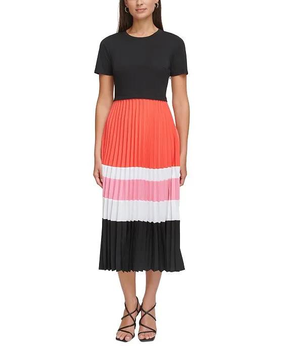 Women's Colorblocked Pleated-Skirt Midi Dress