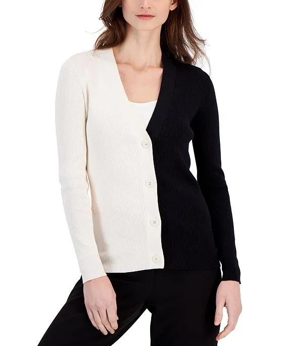 Women's Colorblocked Ribbed Cardigan Sweater