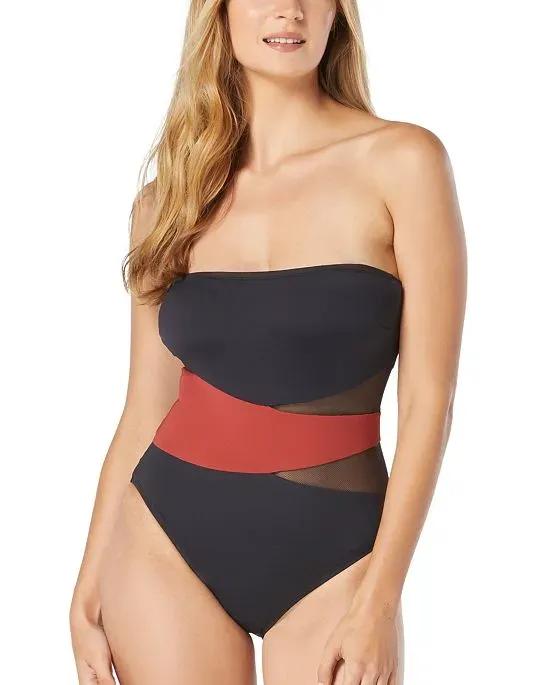 Women's Contours Level Bandeau Mesh Tummy-Control One-Piece Swimsuit