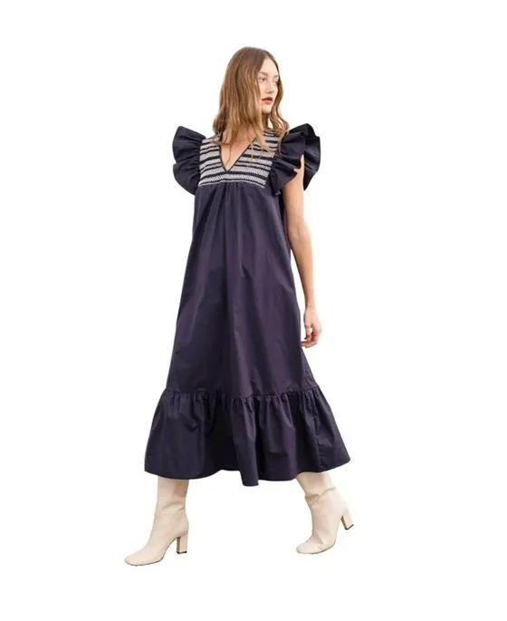 Women's Contrast Stitch Ruffle Sleeve Midi Dress