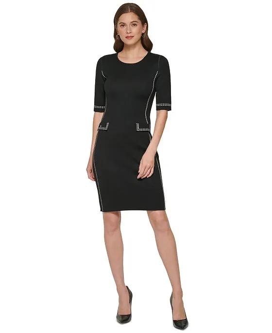 Women's Contrast-Stitched Elbow-Sleeve Sweater Dress