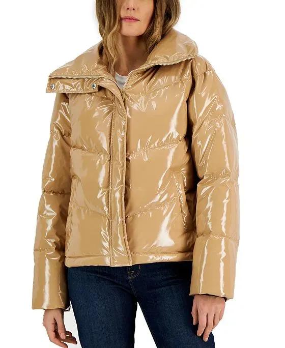 Women's Convertible-Collar Glossy Puffer Jacket
