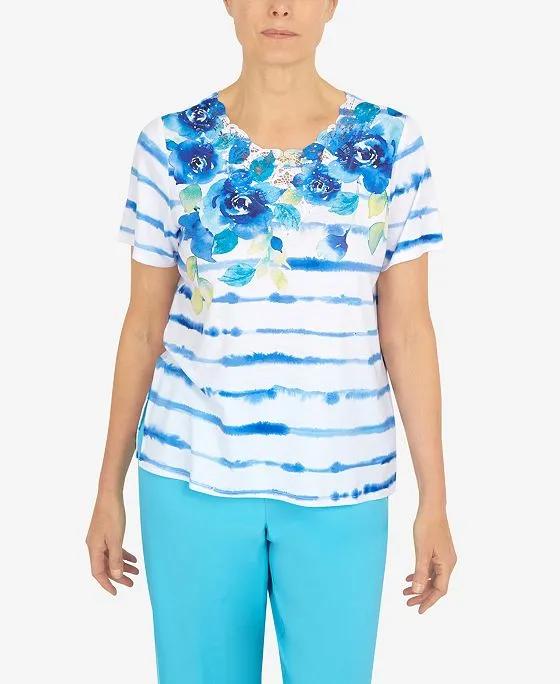 Women's Cool Vibrations Lace Neck Floral Stripe T-shirt