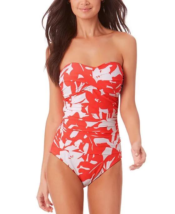 Women's Coral Palms Twist Front Strapless One-Piece Swimsuit