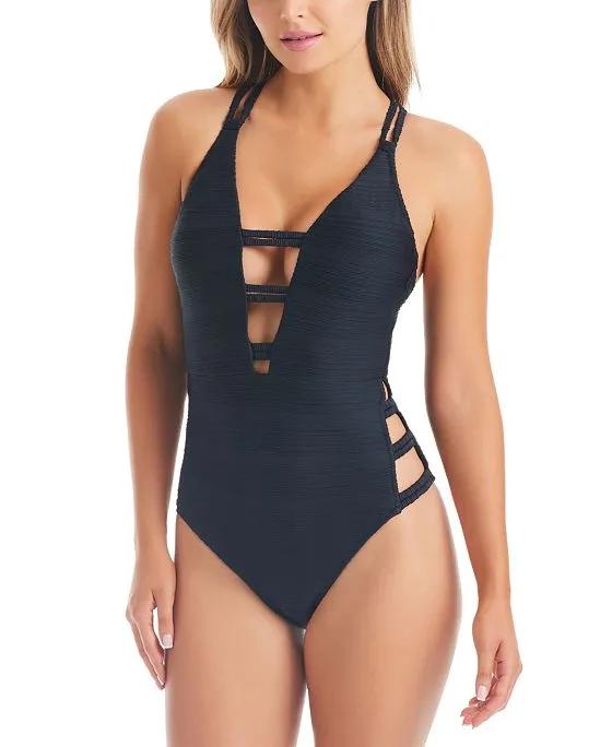 Women's Core Basic Solid Strappy Plunge One Piece Swimsuit